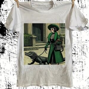 Graphic T-Shirt with Stylish Lady and Alligator Print 2